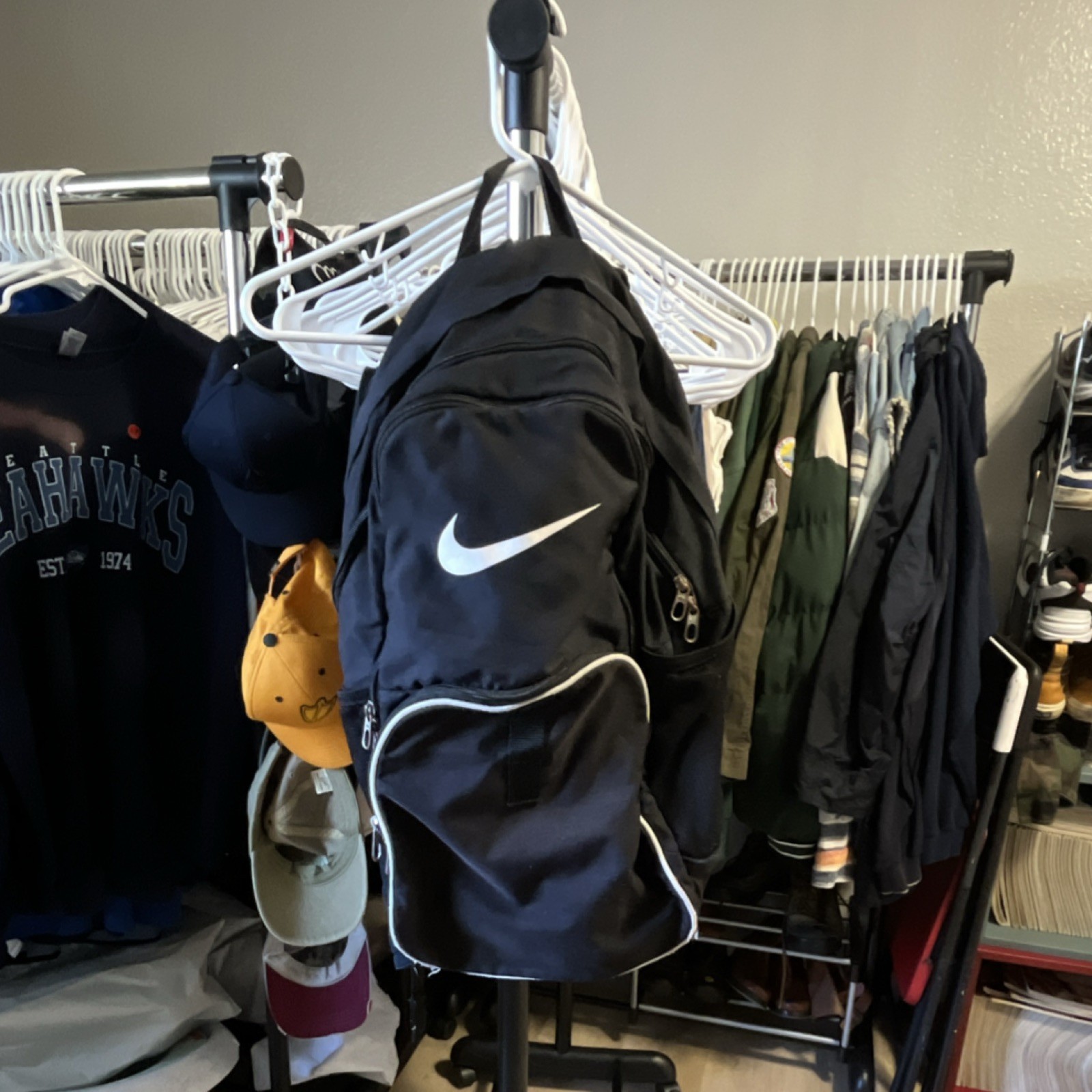 Nike Black White Zip Backpack with Outer Pockets Sports Style 