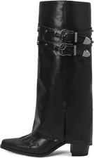 JANSEVEN Fold Over Boots for Women Overlay Knee High Boot Chunky Block Mid... 