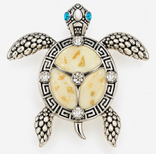 Silver Tone Turtle White Inlay Clear Rhinestone Brooch Pin Silver White