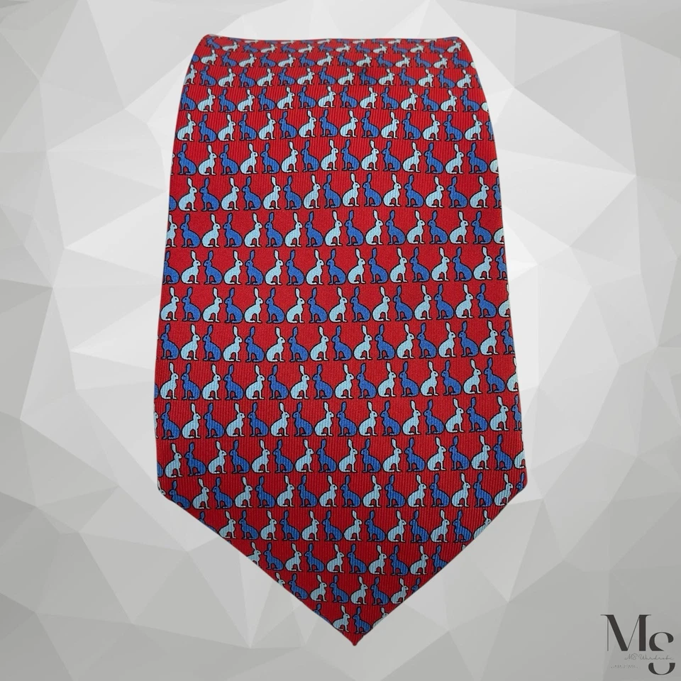 Corbata de seda de diseñador de lujo con estampado de conejo rojo THOMAS PINK 58”-3,25” EXCELENTE ESTADO Foto 3 de 4