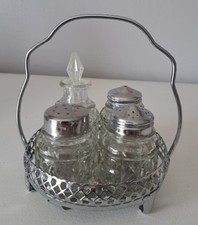 Service à condiments vintage en verre et métal - élégant & rare-made In England 