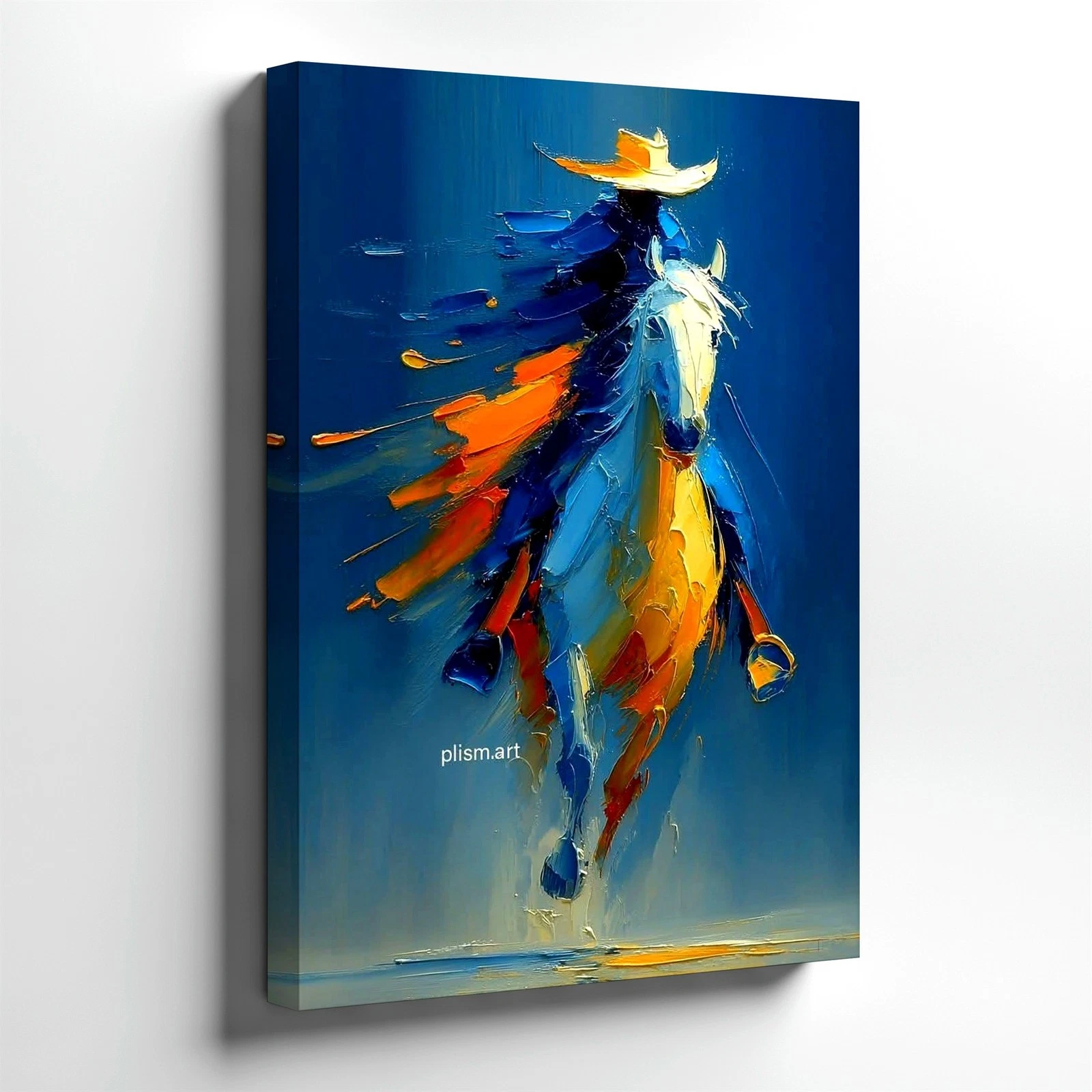 Wall Art Abstract Cowboy Riding Horse Painting Blue Orange Western Canvas Print