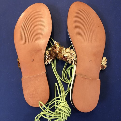 NEW Designer CHARLOTTE SOLNICKI Lace-Up Gladiator Sandals Sz 37 US 7 Gold Sequin - 第 5/12 張圖片