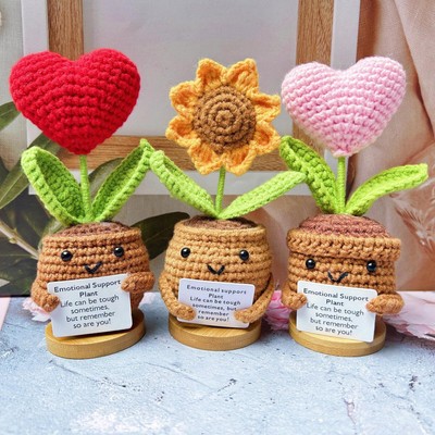 Crochet Emotional Support Plant Gift-Handmade Crochet Sunflower Red/Pink Heart