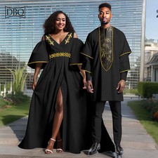 African Couple's Men's 3 Pieces Blazer Pants Suit Flare Sleeves Women Maxi Dress