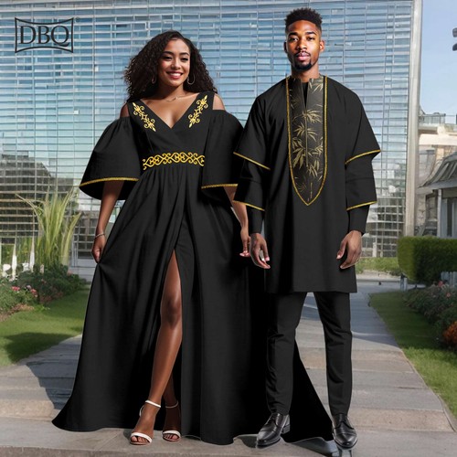 African Couple's Men's 3 Pieces Blazer Pants Suit Flare Sleeves Women Maxi Dress - 第 1/18 張圖片