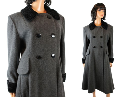 Wool Blend Black Faux Fur Collar Cuffs 
