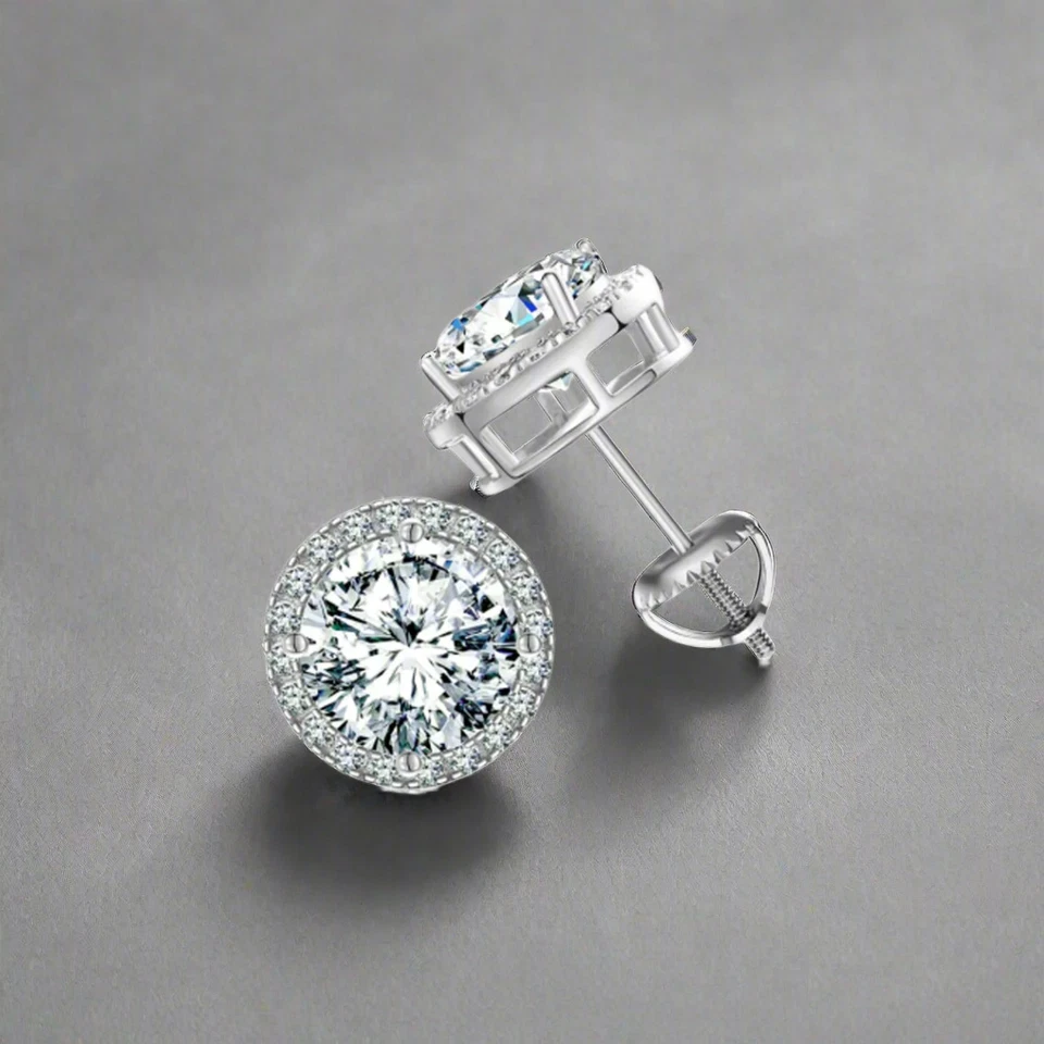 Aretes con halo de moissanita real de oro blanco de 14 k sobre plata 925 hip hop unisex Foto 3 de 4