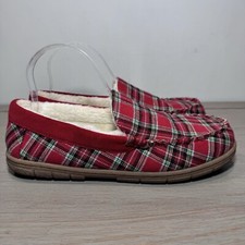Lands End Men s Slippers Red Plaid Flannel Faux Shearling Lined Moccasin Size 8