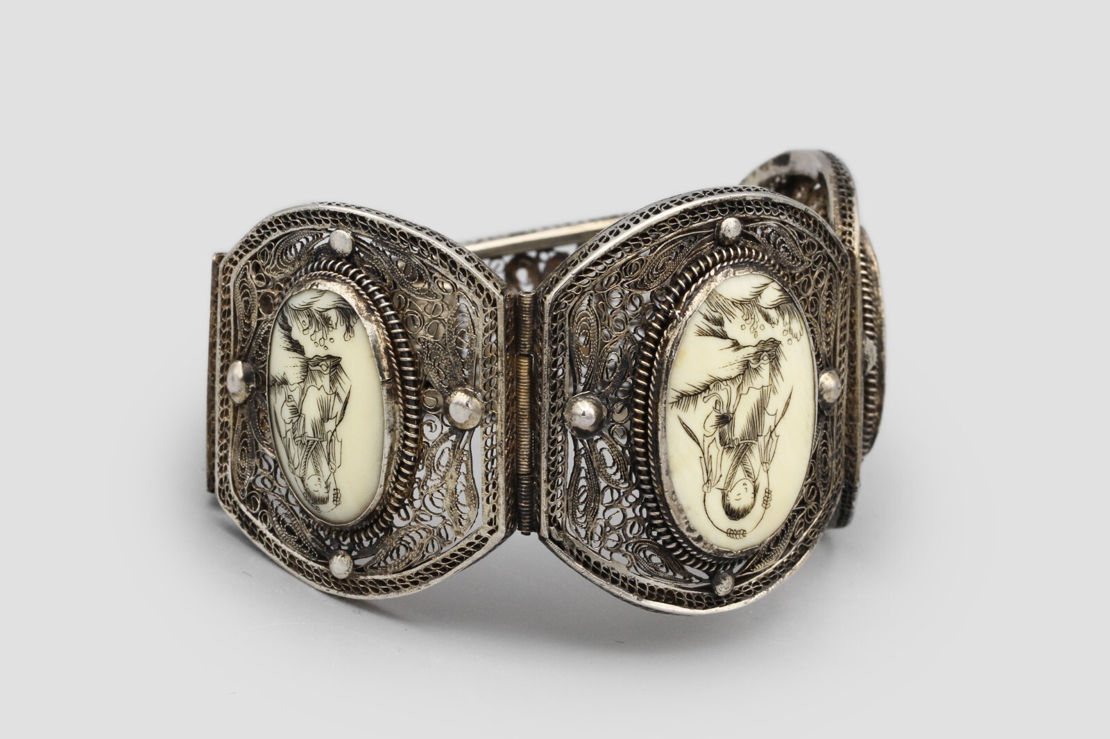 800 Silver Hand Painted Panel Bracelet, Antique 1… - image 10