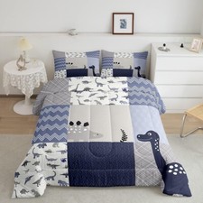 Cute Dinosaur Comforter Set Blue Gray Grid Bedding 3Pc Kids Teens Adults
