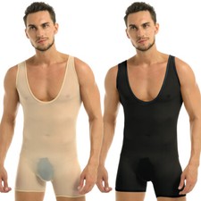 Men Mesh Sheer Leotard Wrestling Singlet Jumpsuit See-Through Bodysuit Lingerie