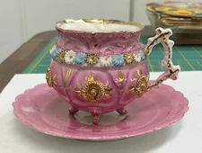 Antique German Hand Painted Pink and 22k Gold Footed Cup & Saucer Set AAA2363