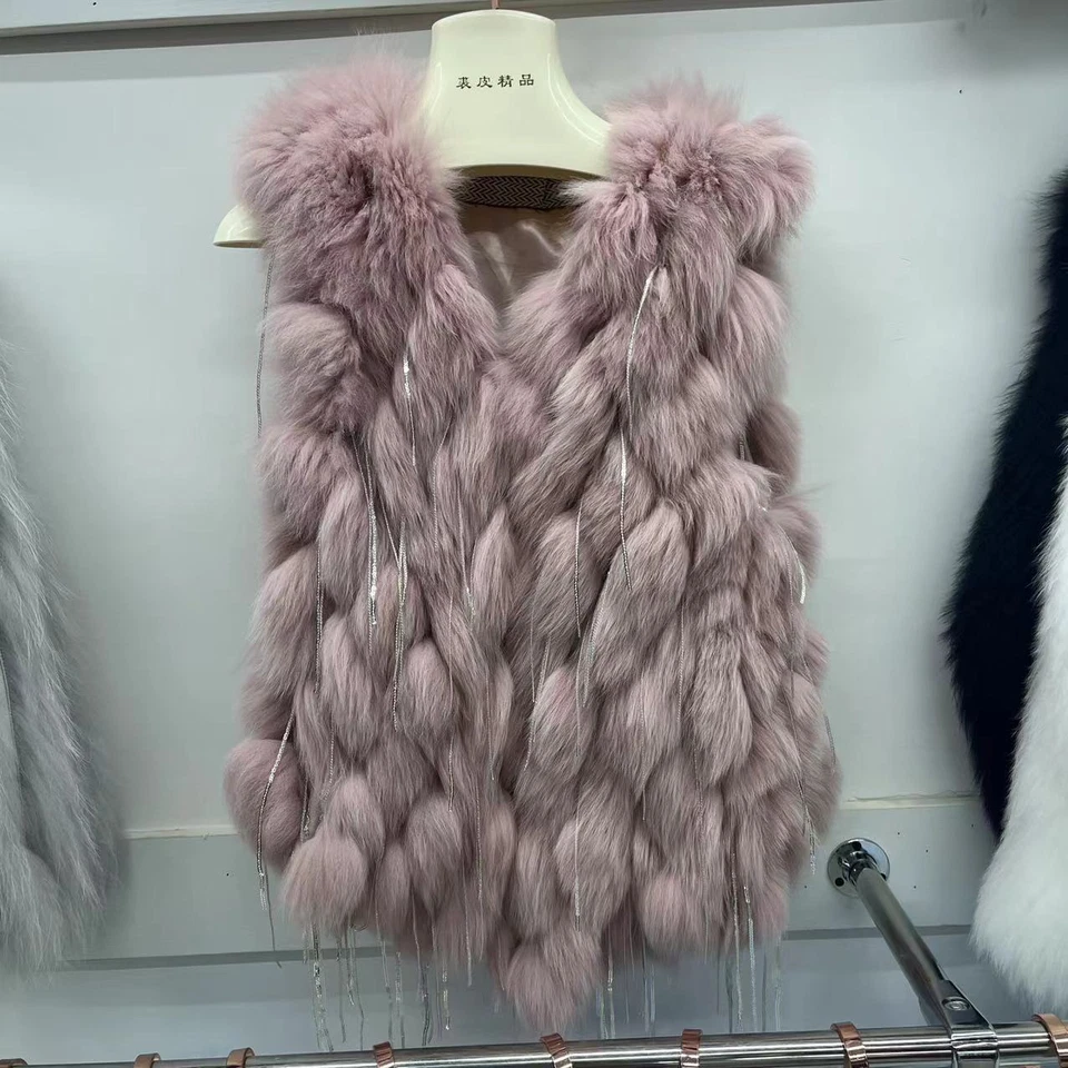 New Fox Fur Vest Tassel Thickened Sleeveless Short Women's Gilet Waistcoat Coat - Image 2 of 4