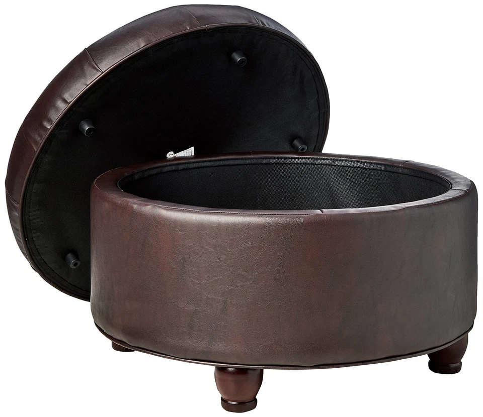 Decoración del hogar | Otomana de almacenamiento redonda de cuero sintético acolchado con botones | Otomana con... Foto 2 de 4