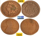 2 Antique 1909 US Phila Mint Bronze Lincoln Wheat/ Indian Head Cents🪙