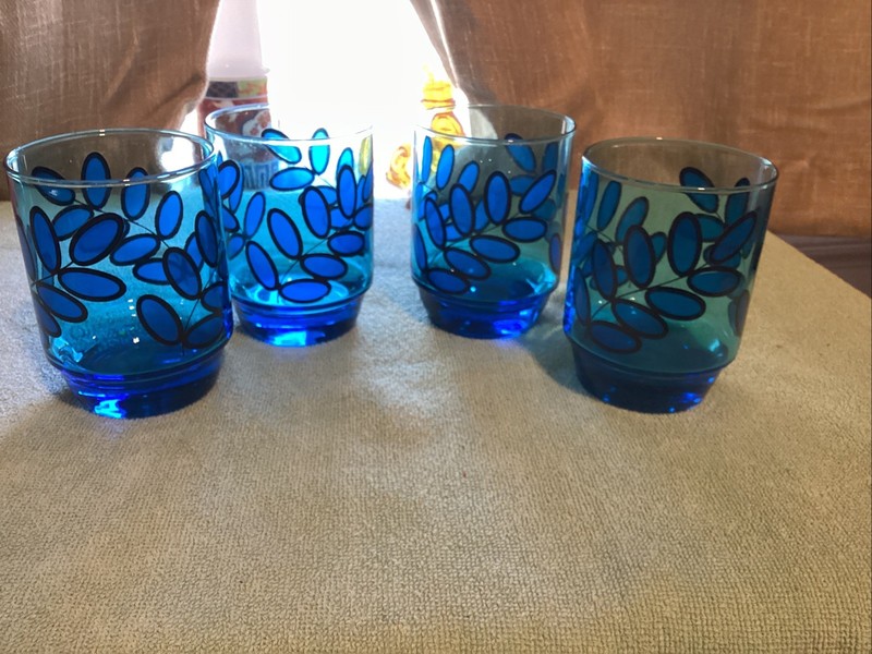 Set Of Four Mid Century J. Wm. Hale Cobalt Blue Leaf print Lowball Glasses