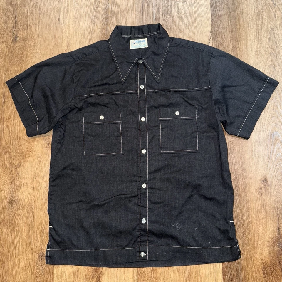 Vintage Hilton Bowling Shirt USA Made Black Button Up Rockabilly MCM Mens Medium - Image 4 of 4