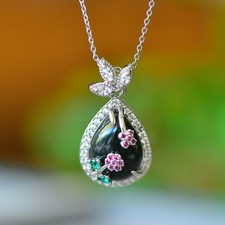 Green Jade Droplet Shaped Pendant Inlaid Colorful Crystal Carved Flower Necklace