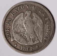 1865 Chile 20 Centavos Silver Coin KM# 135