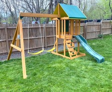 Kids Backyard Playground Set Wood Playhouse Swings Slide Rock Wall Ladder