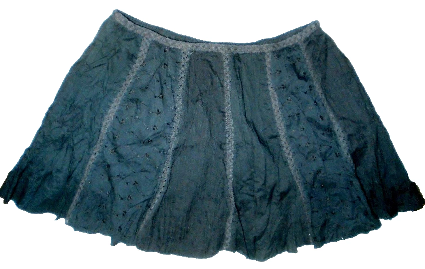 Womens Flower Crinkle Embroidered Black Panel Lace Lined Fun Summer Skirt Sz L