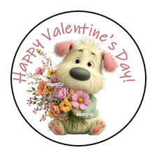 30 Happy Valentine's Day Envelope Seals Labels Stickers 1.5" Round Floral Puppy