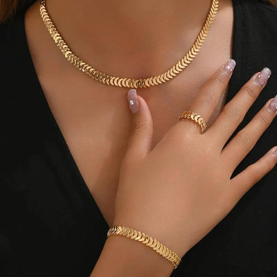 3PCS Womens Necklace Bracelet Ring Set 18k Gold Plated Stainless Steel Chain