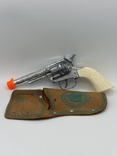 Vintage Pony Boy Toy Cap Gun w/Orange Safety Cap  Leather Holster-Silver/White