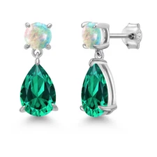 925 Sterling Silver Nano Emerald and White Opal Teardrop Dangle Drop Earrings