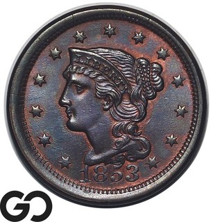 1853 Braided Hair Large Cent Sharply Struck Choice BU Early Copper Some Red!