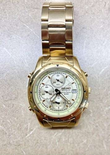 Seiko Men's Chronograph Gold Tone Watch 7T32-6M59 Quartz 50m Water Resistant