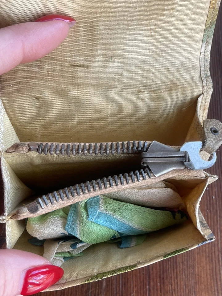 1920s Japanese Embossed Leather Wallet w/ Original Hanky Scenic Floral As-Is - Image 3 of 4