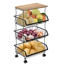 Rolling Kitchen Cart with Wood Top - 4-Tier Wire Basket Organizer for Fruits,...