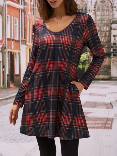 Ladies CHECK Long Sleeve Tunic Shirts Dress Top Casual Pockets Dresses Plus Size - Picture 5 of 15