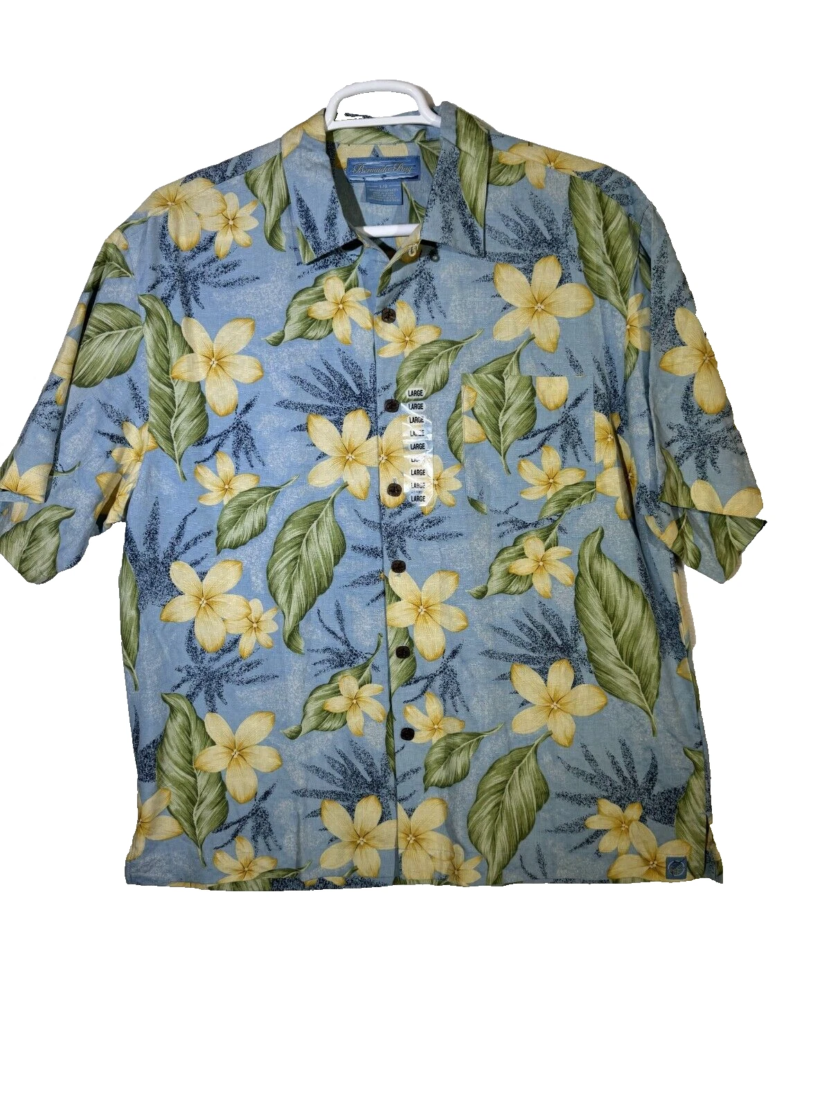 Bermuda Bay Shirt Men’s L Blue Floral 100% Silk Hawaiian Button-Up M183