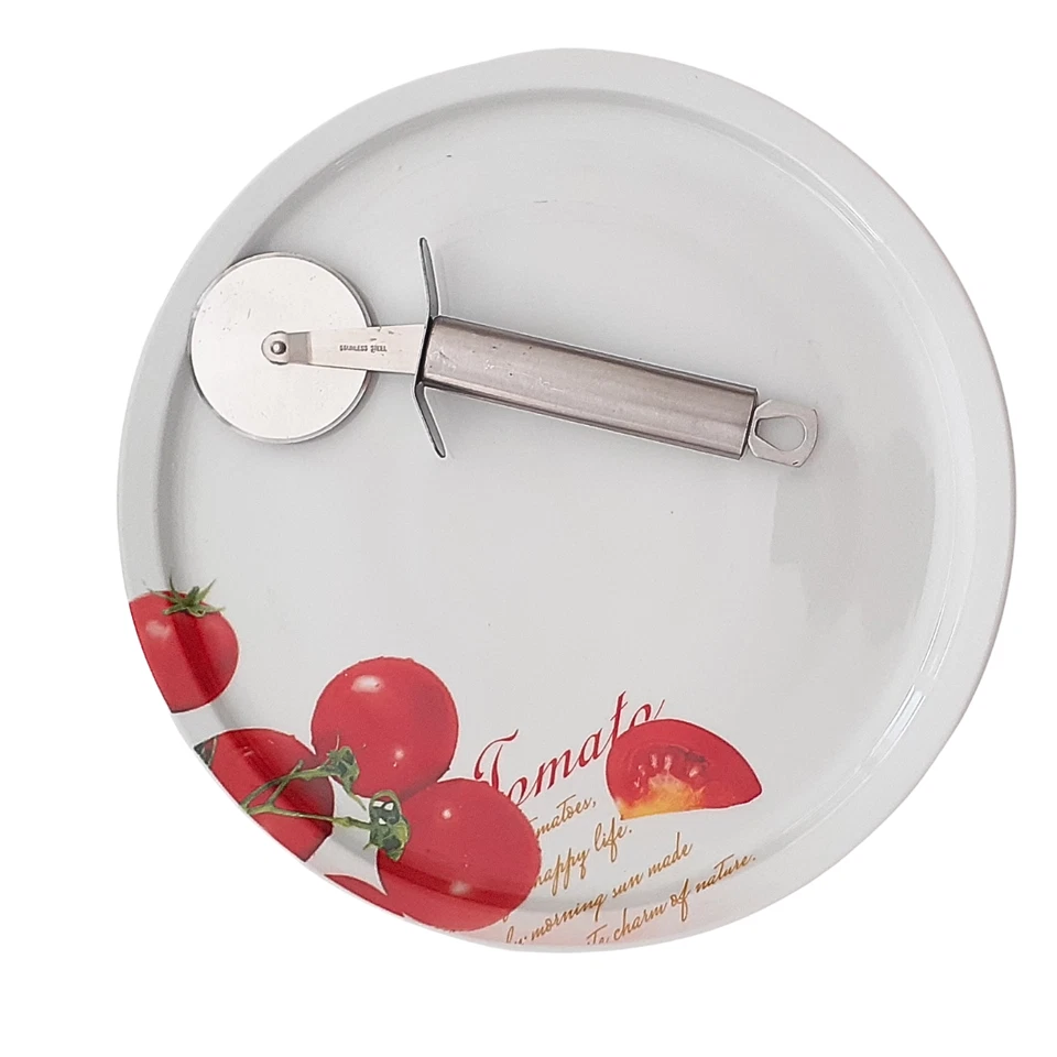 Set 2 pezzi piatto pizza porcellana decoro pomodoro con taglia pizza acciaio 30 - Bild 2 von 3