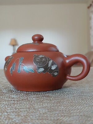 宜兴老一厂荆溪王制镶嵌银丝熊猫紫砂壶Vintage Chinese Yixing Zisha