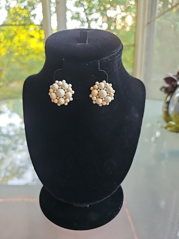 Vintage Ivory Wooden Beaded  Cluster Earrings Unique Screw Back Estate Sale 1950