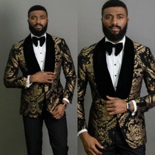 Jacquard Floral Suits for Men's Wedding Black Gold Jacket Black Pant Prom 2 Pcs