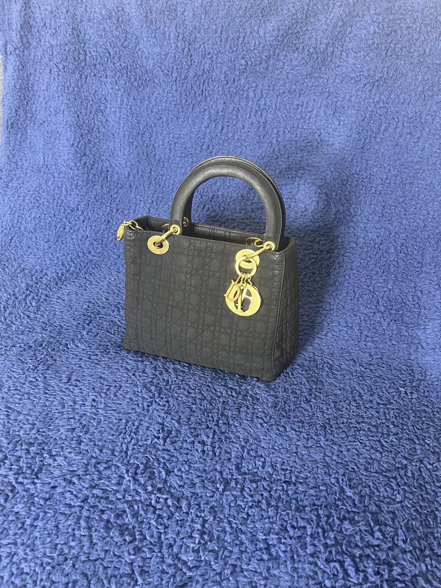 Authentic Christian Dior Lady Dior Canvas Cannage Hand Bag Black CD Junk H8622