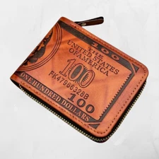 US 100 Dollar Bill Brown Leather Wallet w/ Zipper