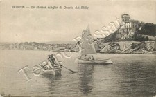 Cartolina di Genova, scoglio di Quarto dei Mille, barca a remi e a vela - 1914