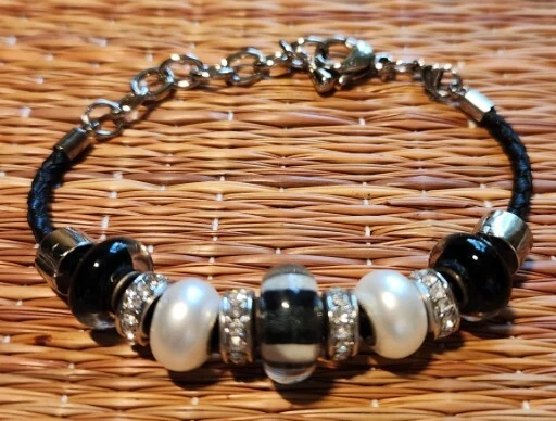 Женский черный жемчуг и серебро стеклянные бусины и подвески браслет w омар застежка - Изображение 2 из 4