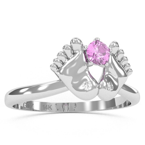 Baby Feet Lab-Created Pink Sapphire Diamond Ring In 14k Gold - Picture 22 of 24