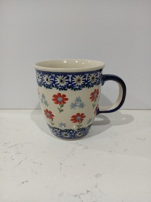 Polish Pottery Manufaktura Boleslawcu 10oz Blue Red Floral Coffee Tea Cup Mug