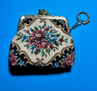 VTG Floral Tapestry Coin Purse Double Kiss Lock Frame  Gold Tone Key Chain