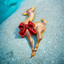 Vintage Long Legged Deer Sika Brooch Pin Mod Gold Tone Metallic Purple Sheen MCM