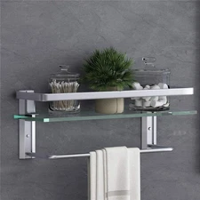 Glass Shelf with Towel Bar 15.7in Silver Bathroom Wall Mount Rustproof Organizer