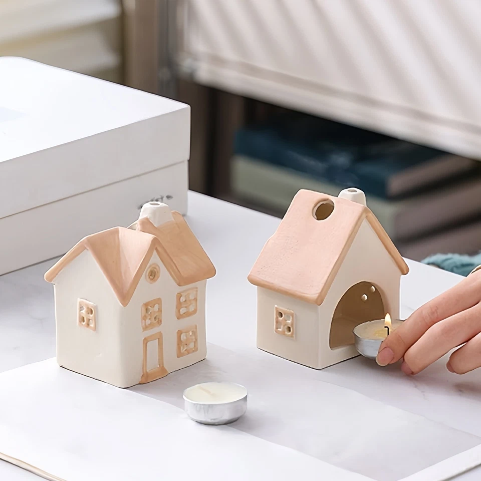 Hollowed Cottage House Tealight Candle Holder Ceramic Tea Light Candle Holder  - Image 2 of 4